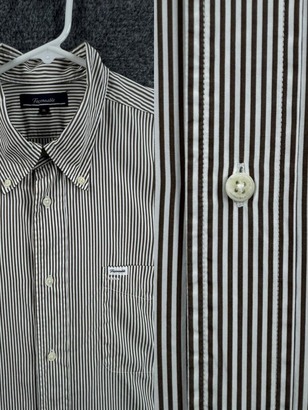 Faconnable OCBD Logo Brown White Striped Men XL Button-Down Shirt French Cotton